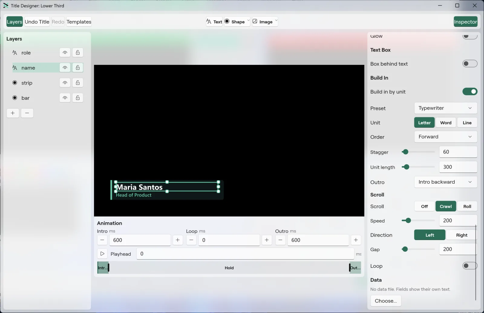 The Build In and Scroll sections of a text element in the Windows Title Designer