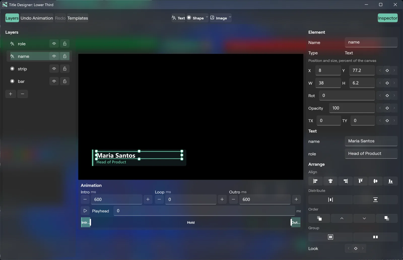 The Title Designer on Windows: Layers on the left, the canvas, the timeline strip and the Inspector on the right