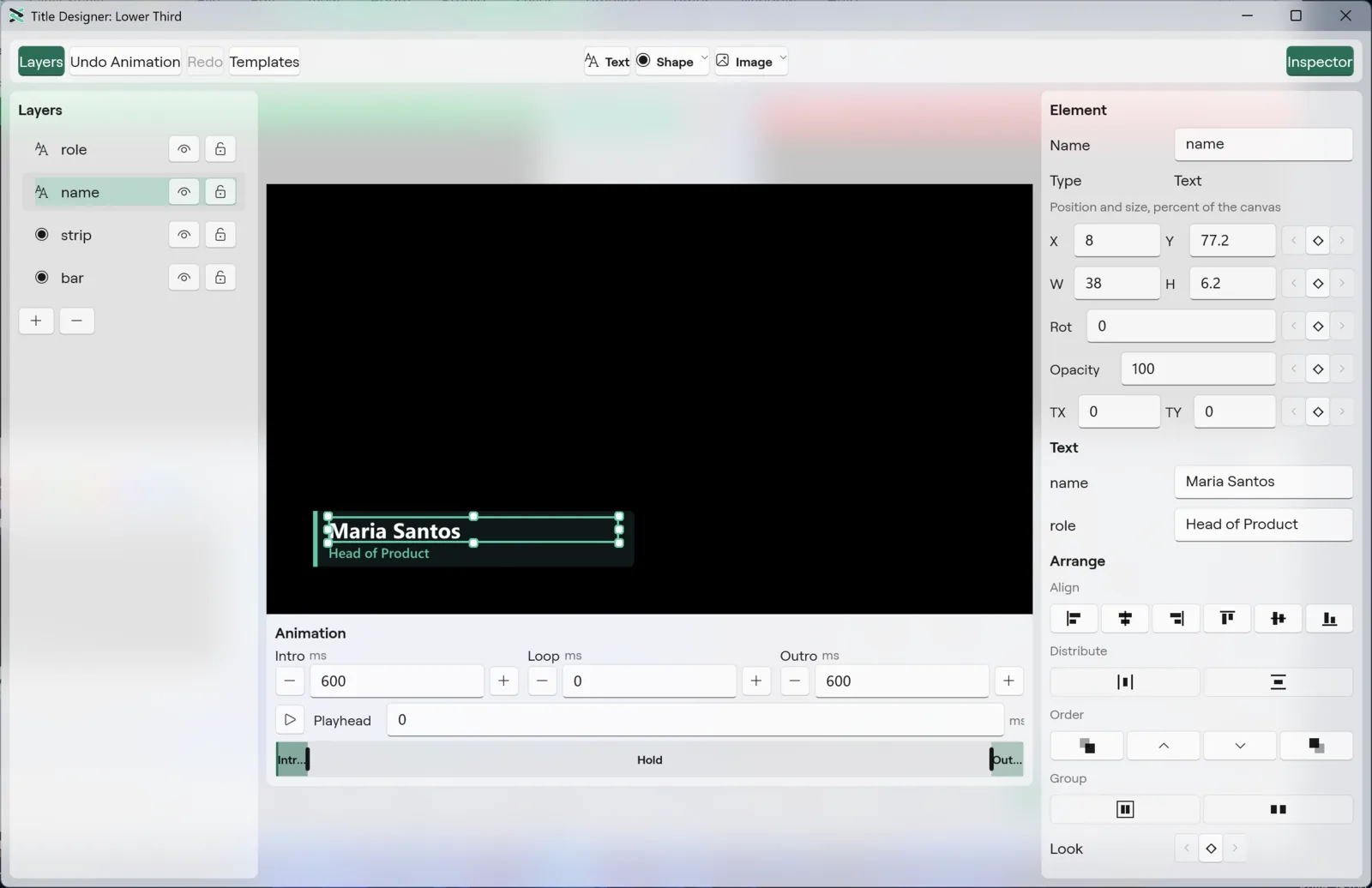 The Title Designer on Windows: Layers on the left, the canvas, the timeline strip and the Inspector on the right