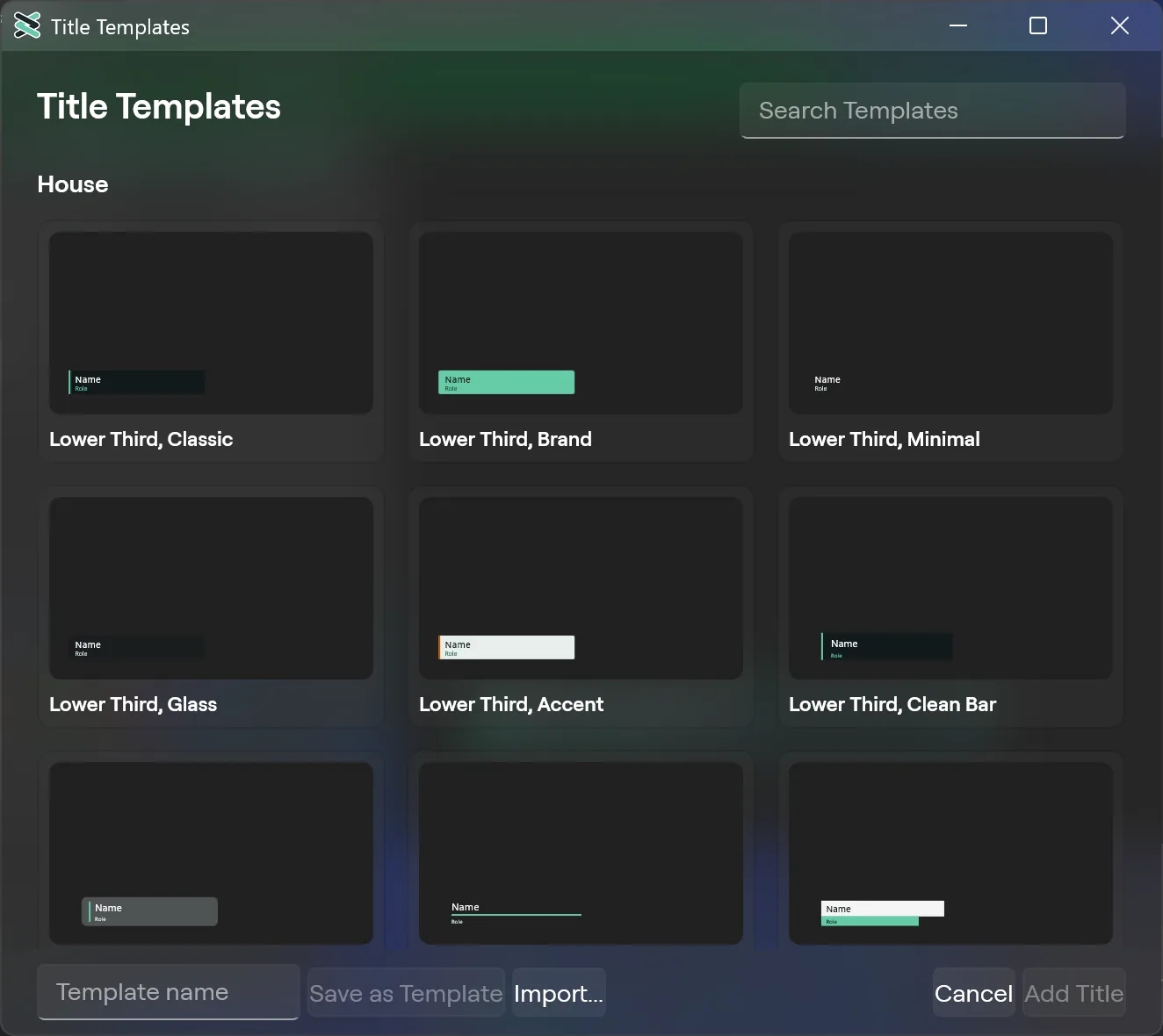 The Title Templates window on Windows, a grid of House templates