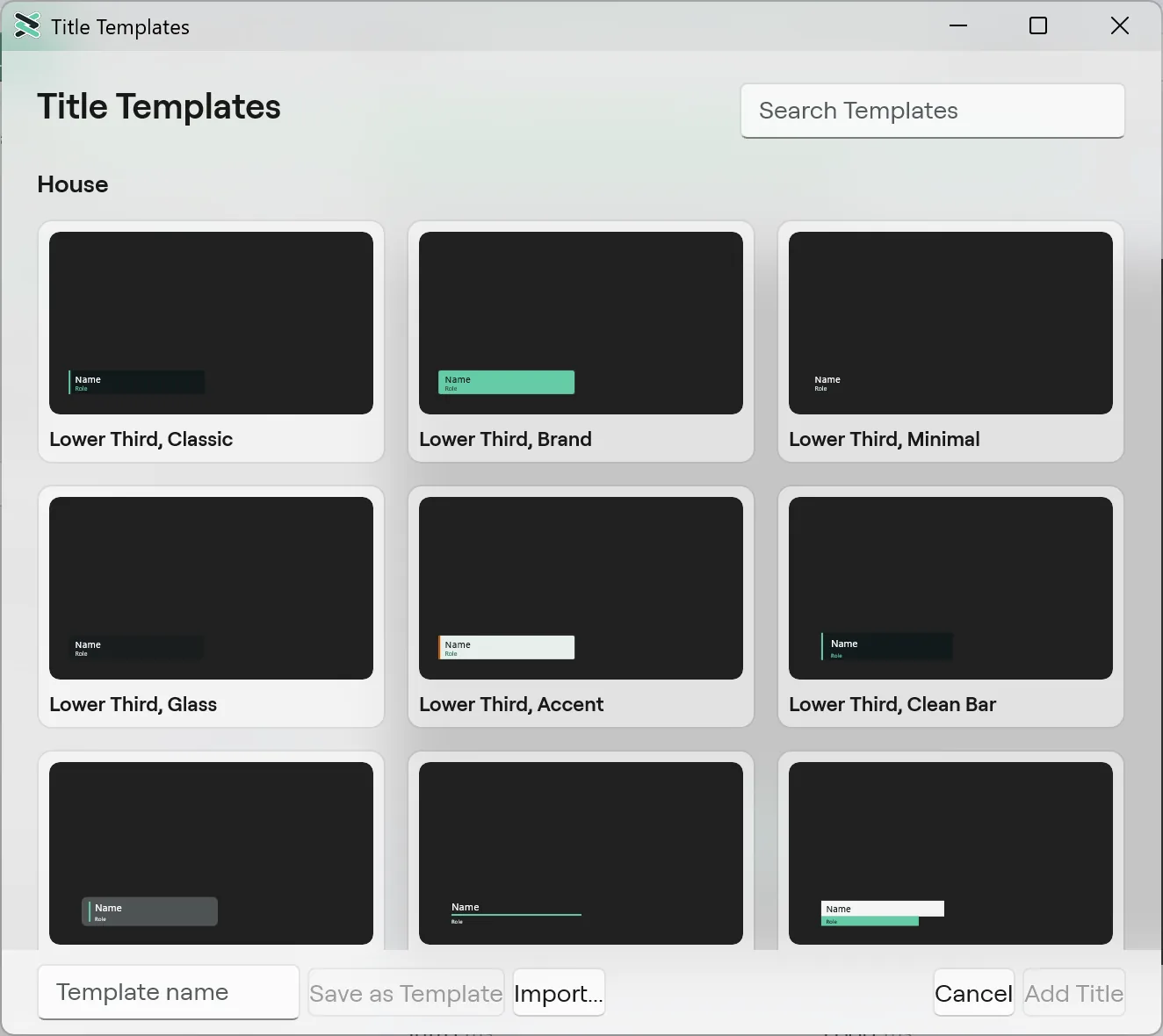 The Title Templates window on Windows, a grid of House templates