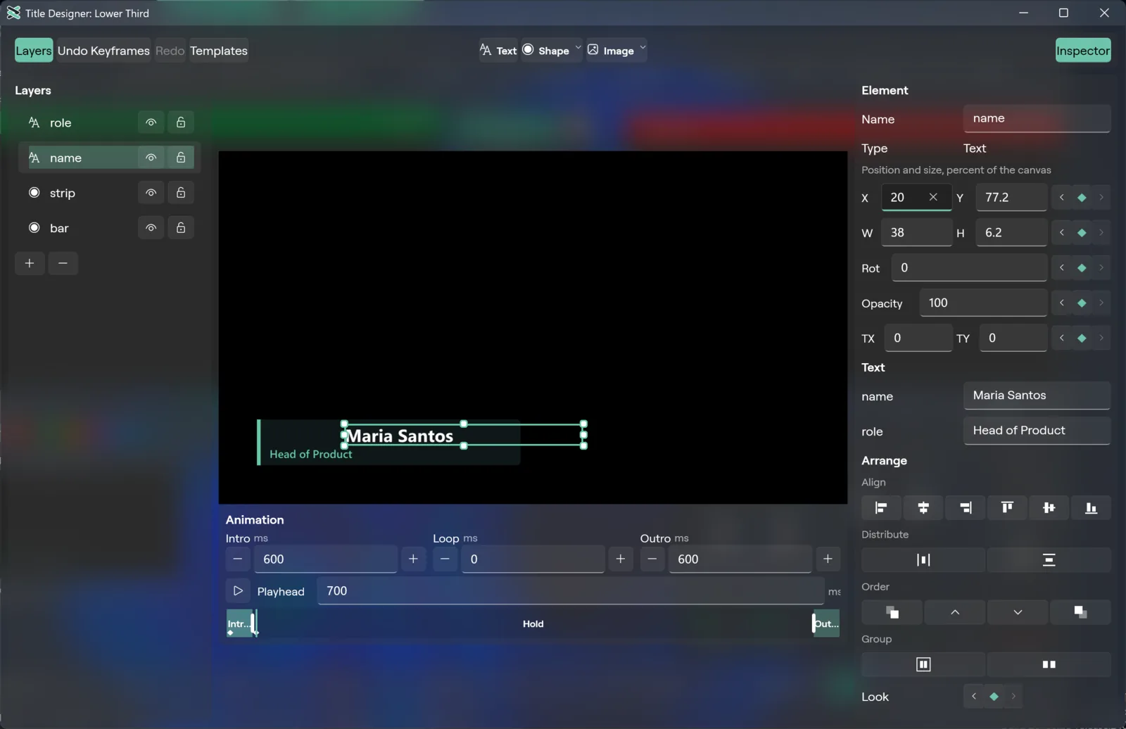 A text element with key diamonds in the Windows Title Designer