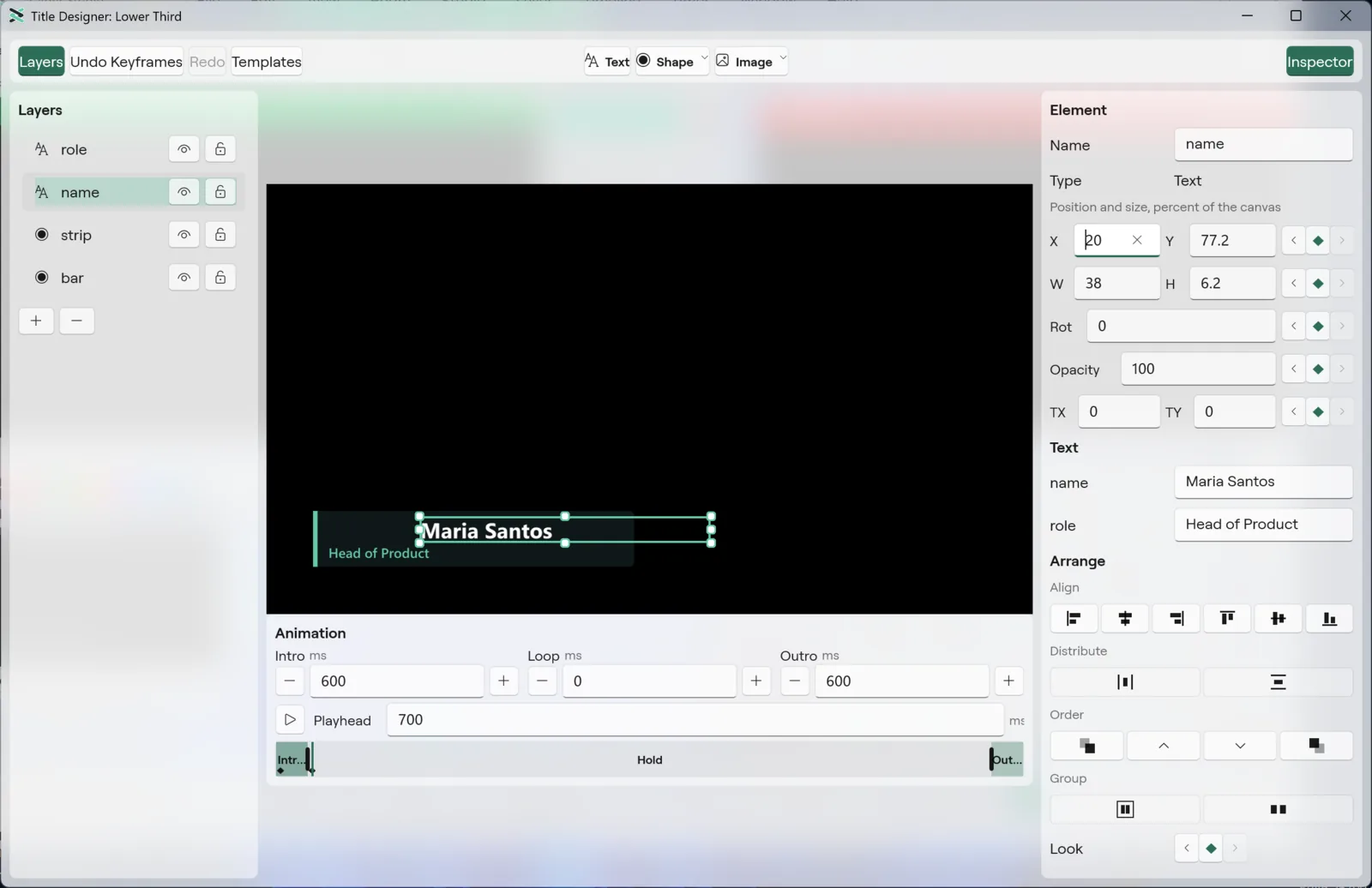 A text element with key diamonds in the Windows Title Designer