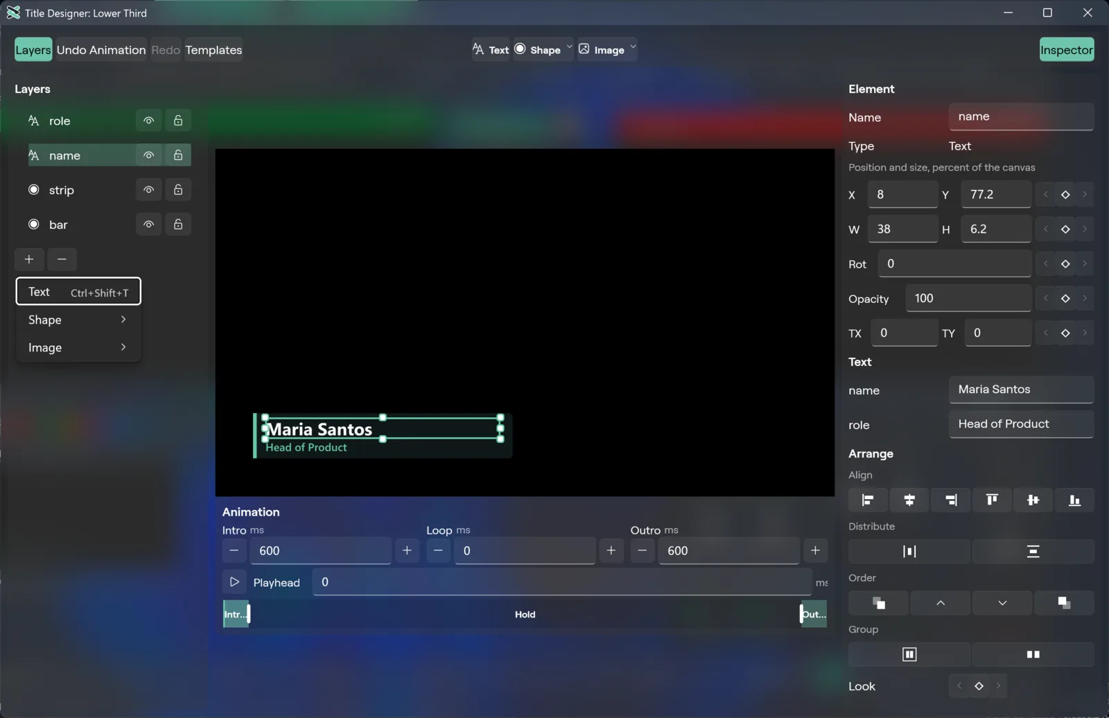 The Layers add menu in the Windows Title Designer, with Text, Shape and Image