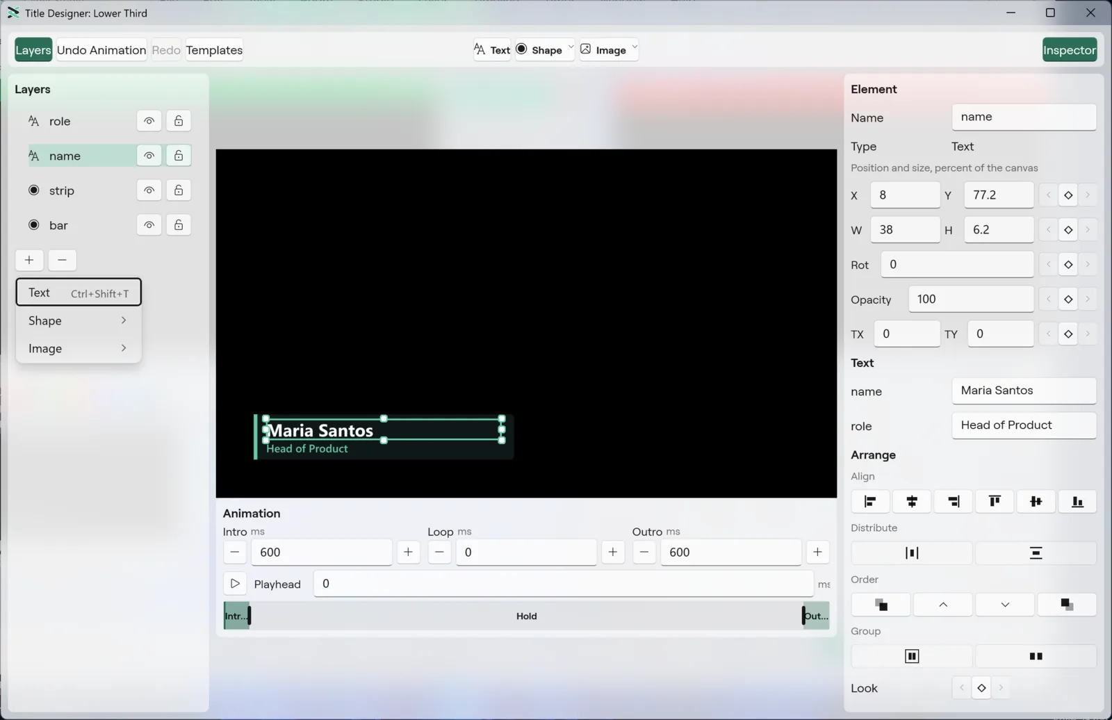 The Layers add menu in the Windows Title Designer, with Text, Shape and Image
