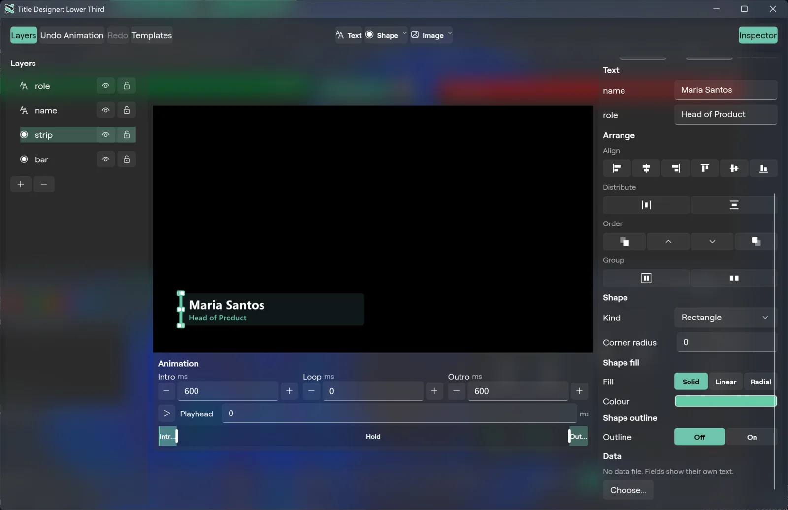 The Inspector of a shape in the Windows Title Designer, with the Arrange and Shape sections
