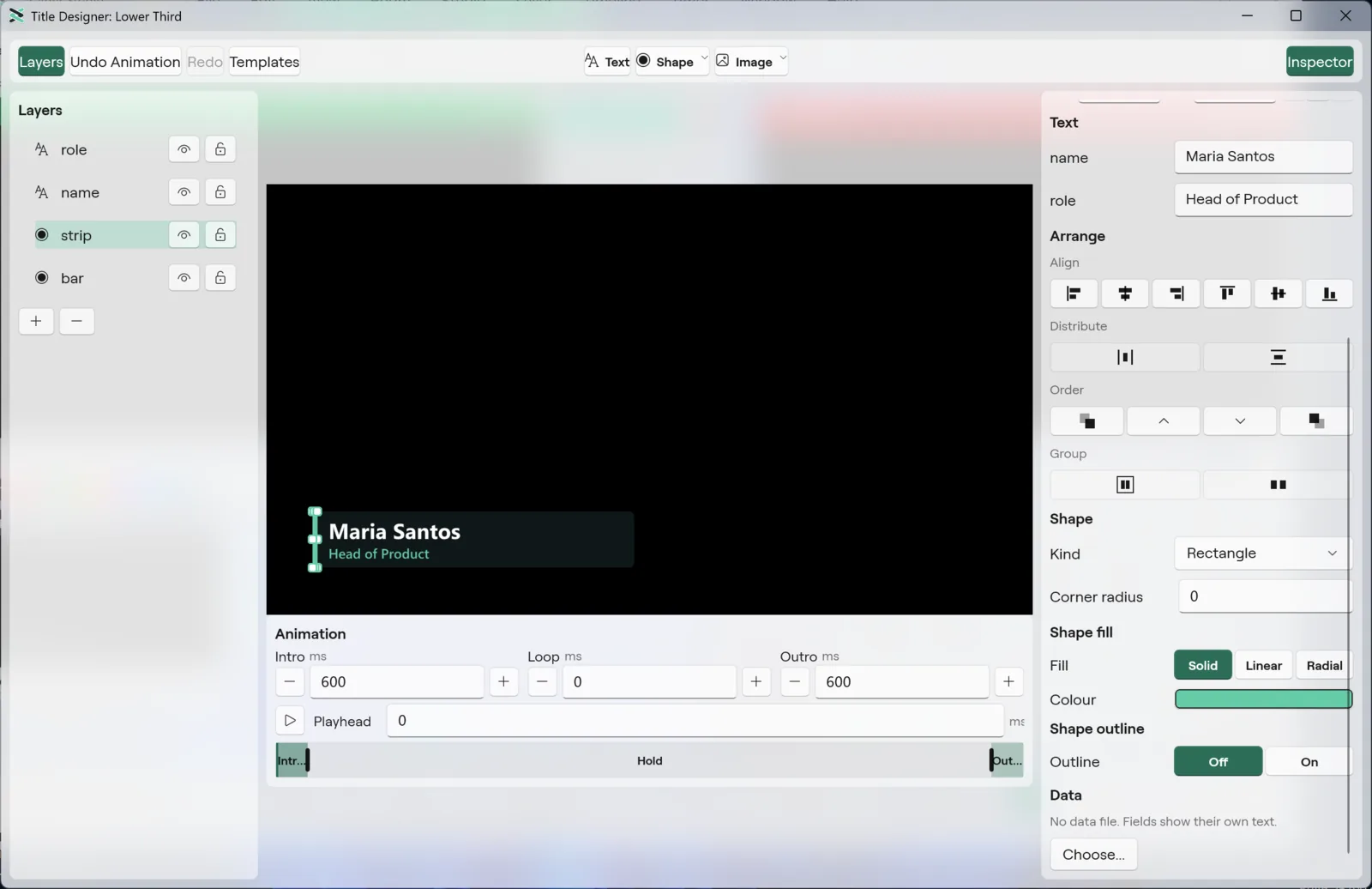 The Inspector of a shape in the Windows Title Designer, with the Arrange and Shape sections