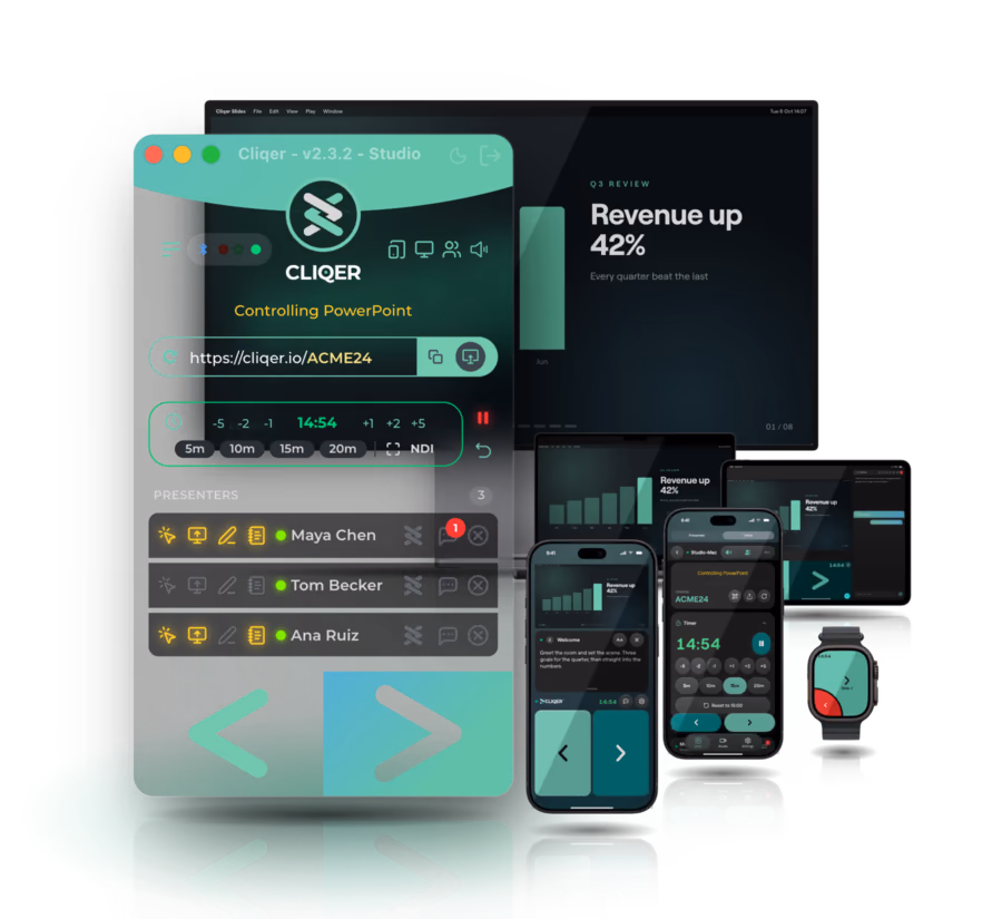 Cliqer Remote on an iPhone, an iPad and an Apple Watch