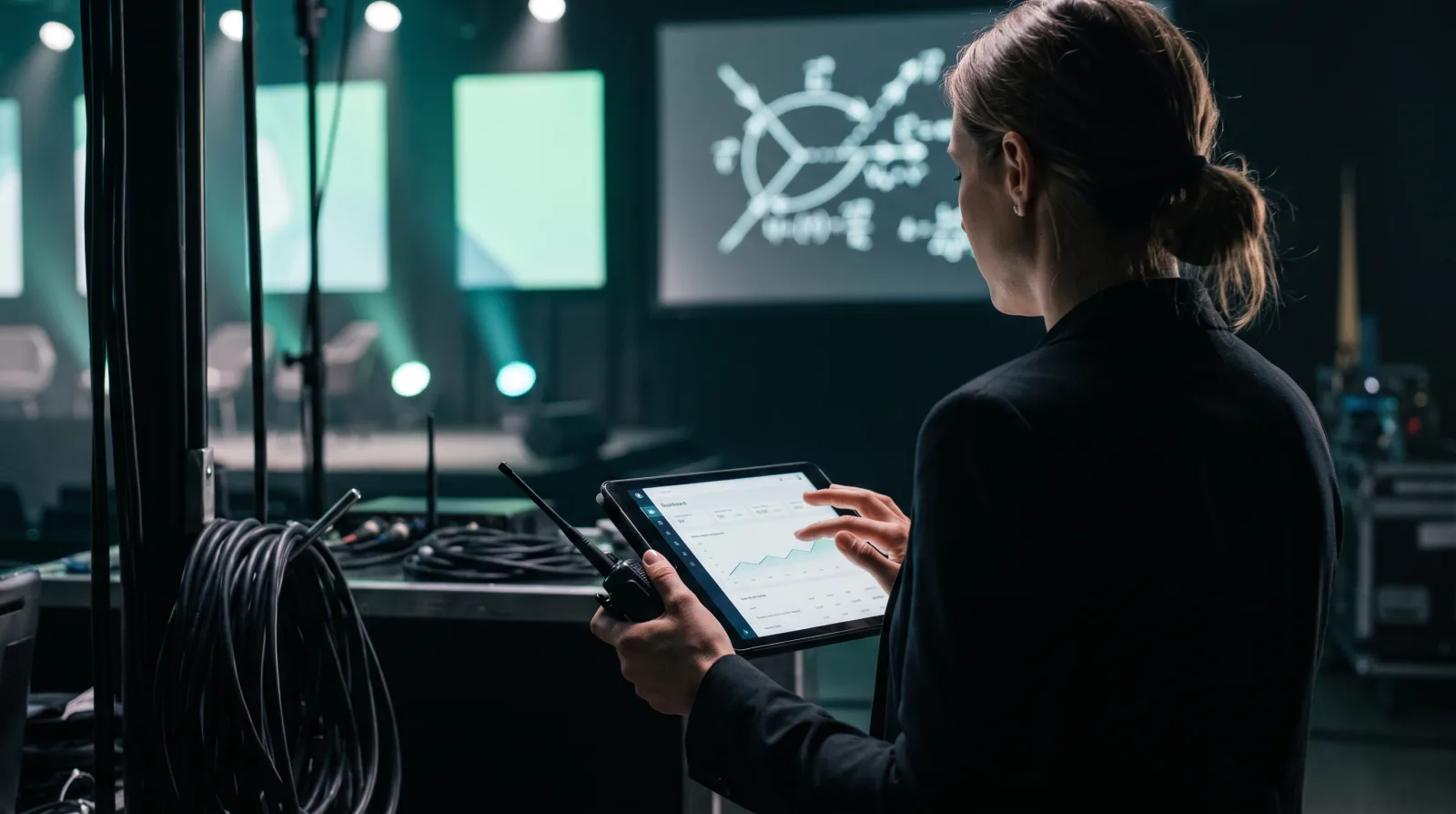 Event coordinator backstage cueing presenters from a tablet during a live show