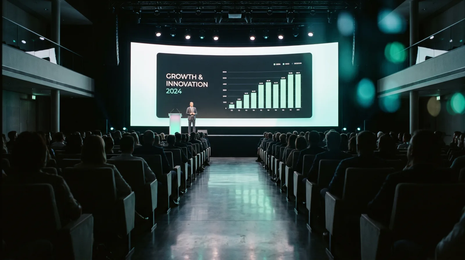 A packed corporate auditorium during a keynote, seen from the back, with a vast glowing stage screen driven by Cliqer Enterprise