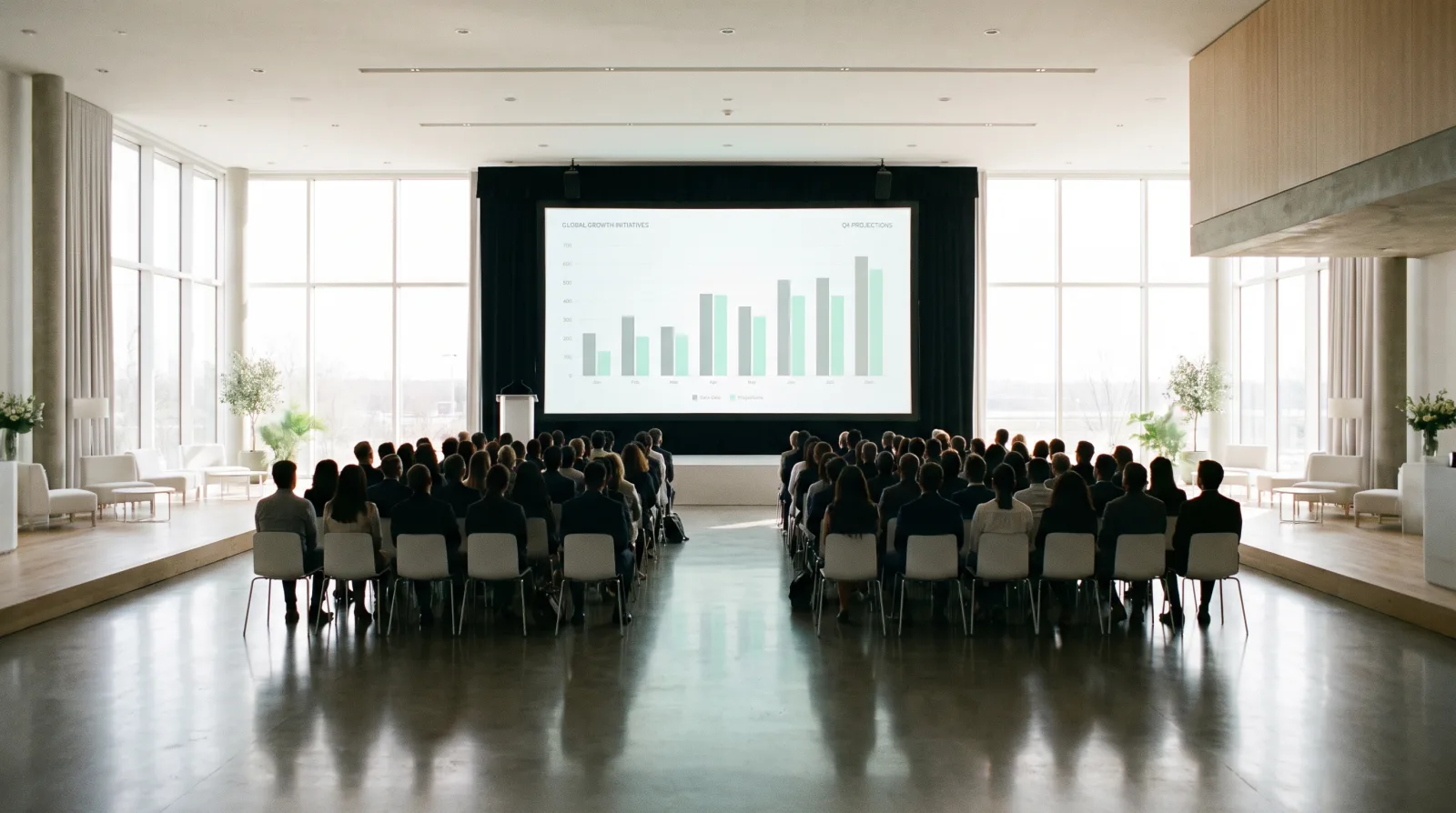 A packed corporate auditorium during a keynote, seen from the back, with a vast glowing stage screen driven by Cliqer Enterprise