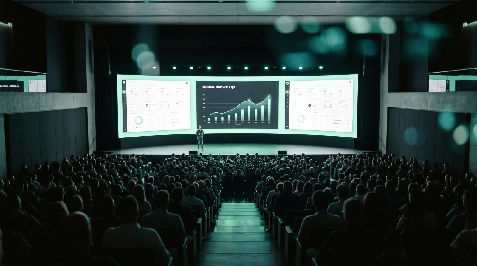 Hundreds of employees in a bright corporate atrium watching a company town-hall presentation on large displays