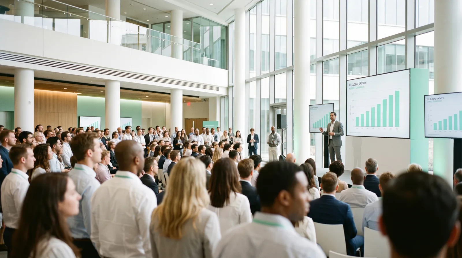 Hundreds of employees in a bright corporate atrium watching a company town-hall presentation on large displays