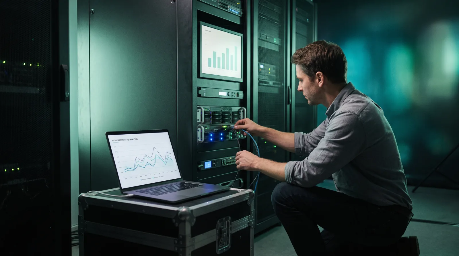 An AV integrator working from a laptop in a neat server rack room during a Cliqer Enterprise deployment