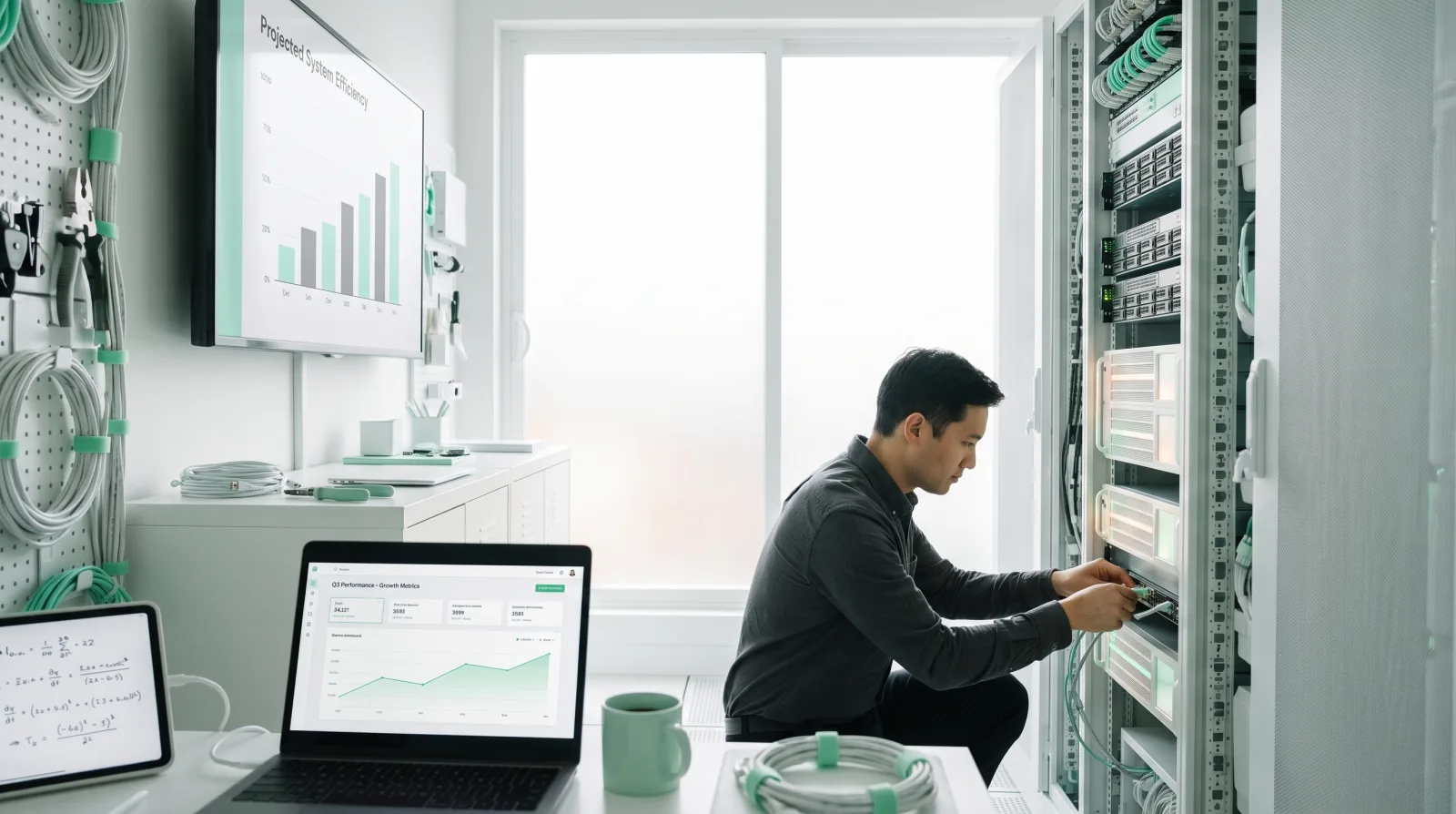 An AV integrator working from a laptop in a neat server rack room during a Cliqer Enterprise deployment