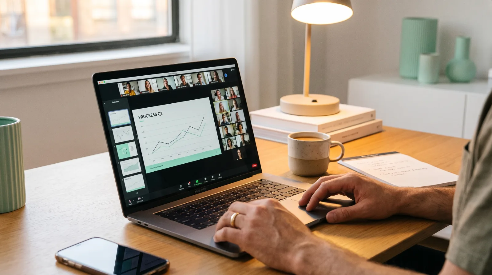 GoToMeeting clicker software running on a phone while a speaker presents to a corporate audience