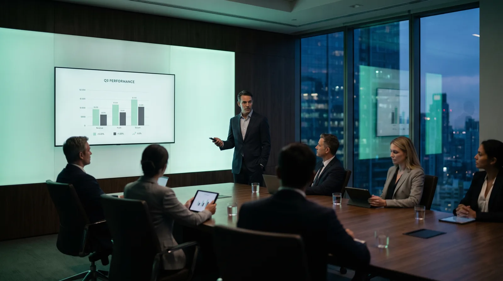 Executive presenting in a boardroom using a phone as the presentation clicker