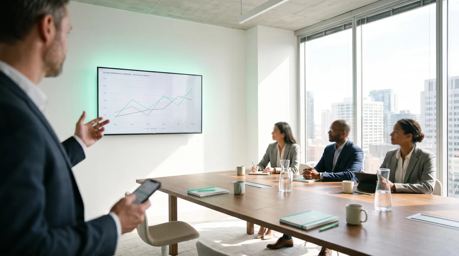 Executive presenting in a boardroom using a phone as the presentation clicker