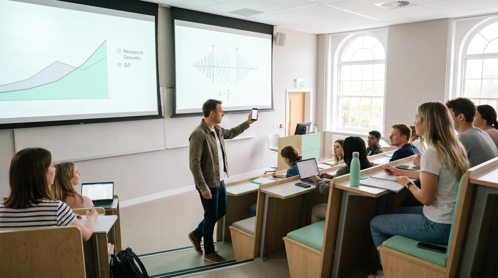 Lecturer moving freely through a lecture theatre while advancing slides from a phone