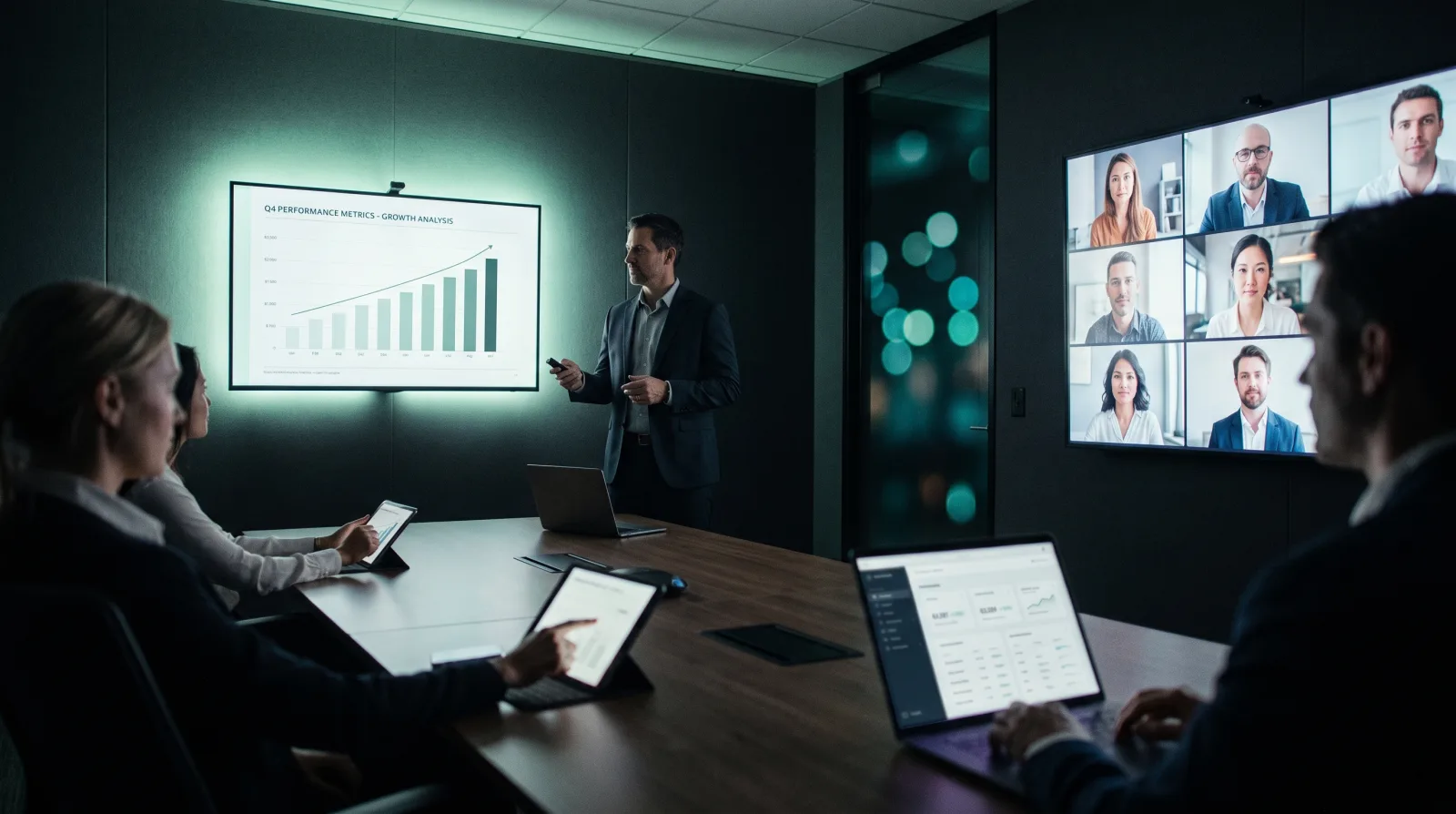 Microsoft Teams clicker software running on a phone while a speaker presents to a corporate audience
