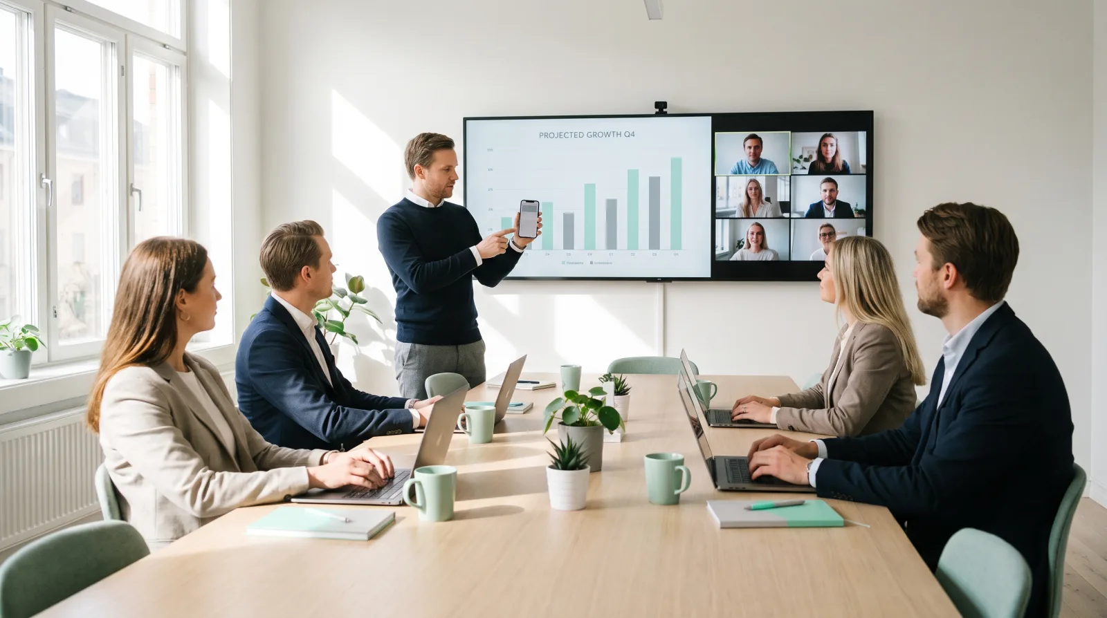 Microsoft Teams clicker software running on a phone while a speaker presents to a corporate audience