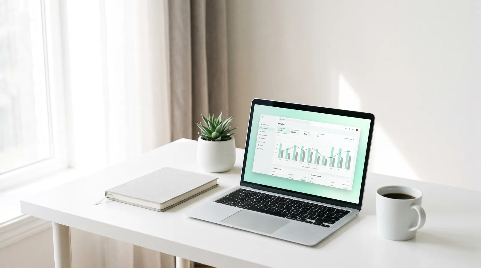 A calm desk with a laptop, notebook and coffee, representing clear and fair Cliqer presentation software pricing