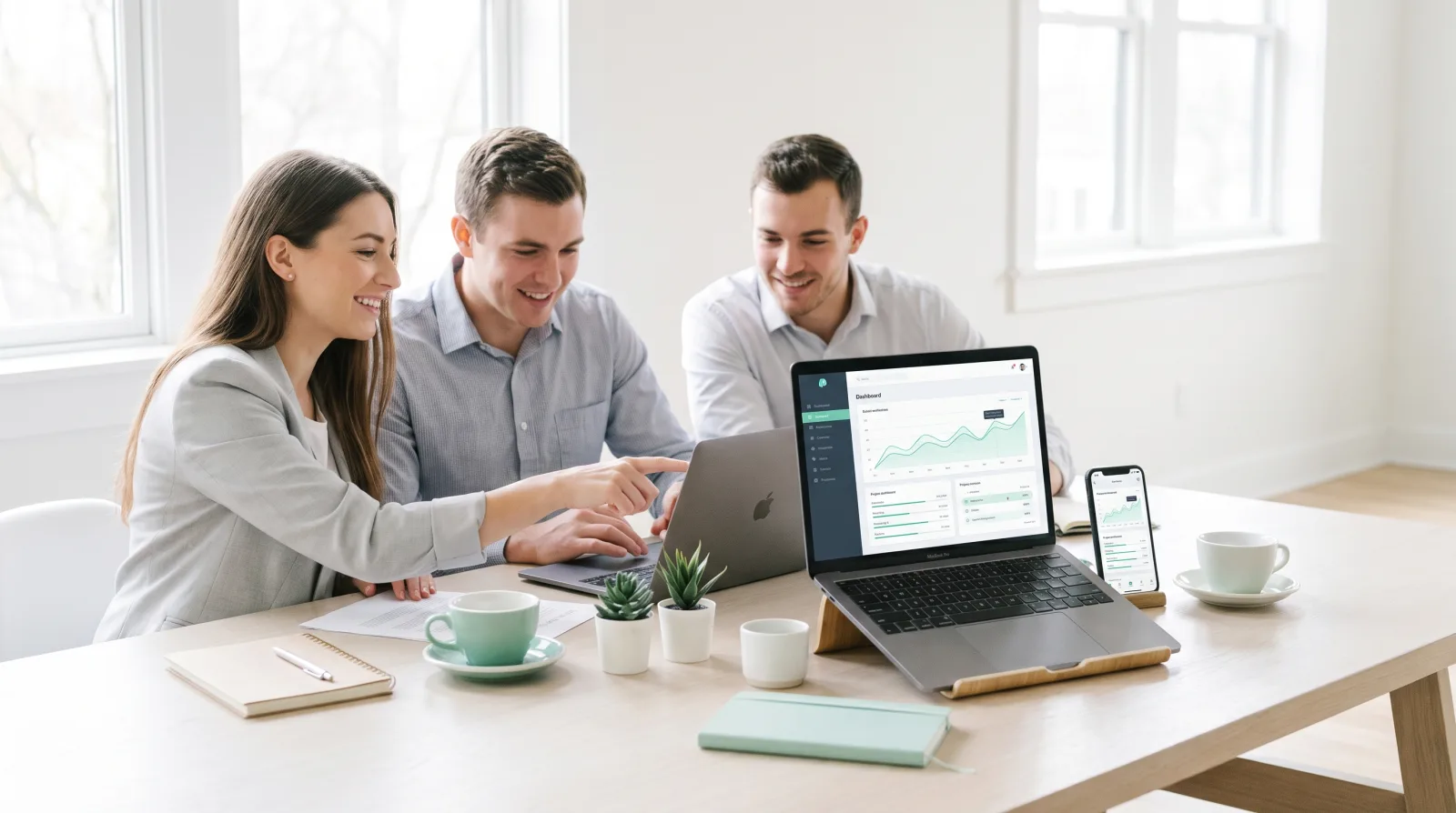 A small business team reviewing a Cliqer presentation plan together at a bright meeting table