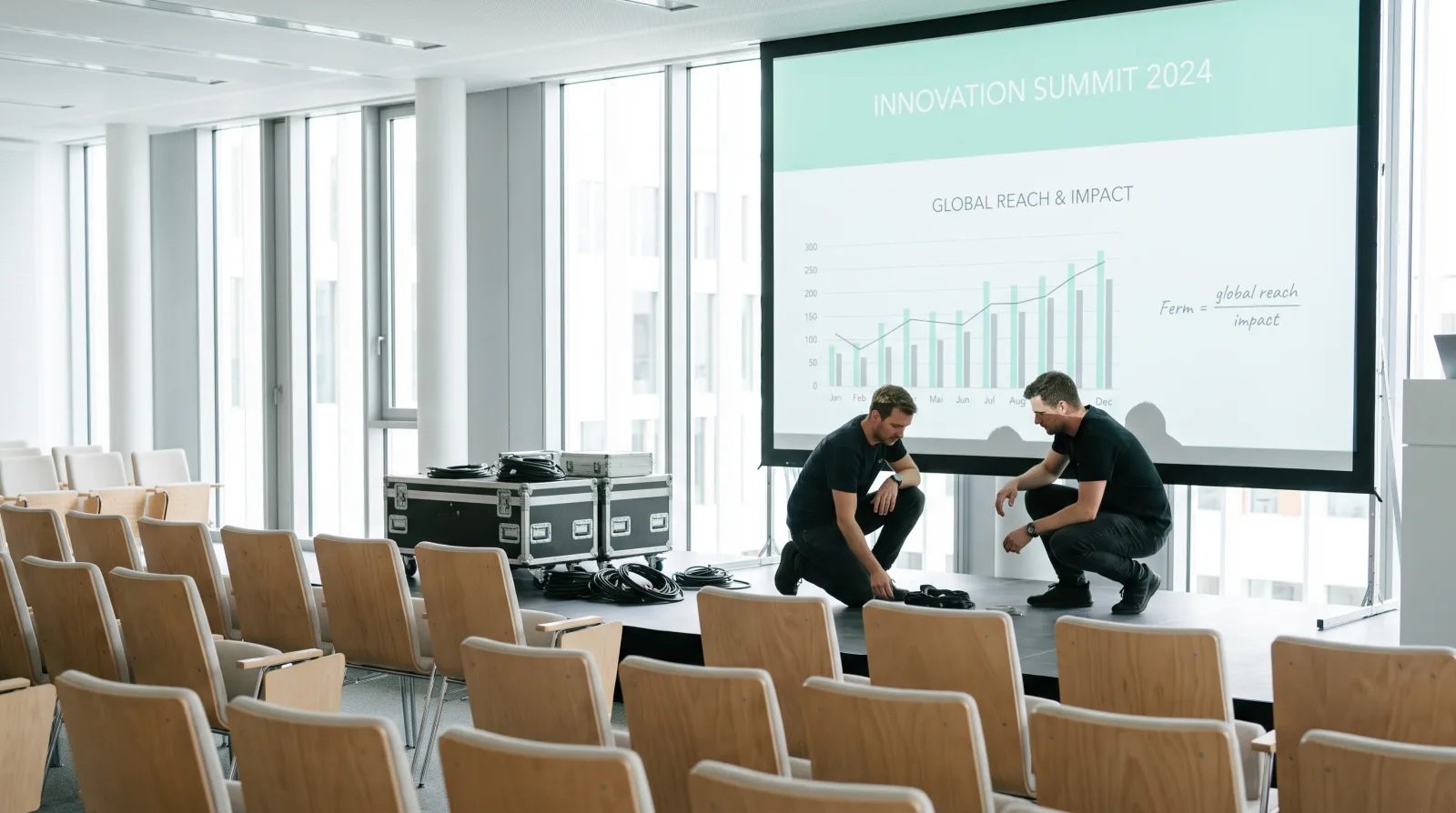 An AV crew preparing a corporate auditorium with a large presentation screen before a keynote