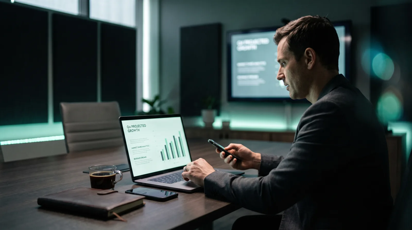 RingCentral clicker software running on a phone while a speaker presents to a corporate audience
