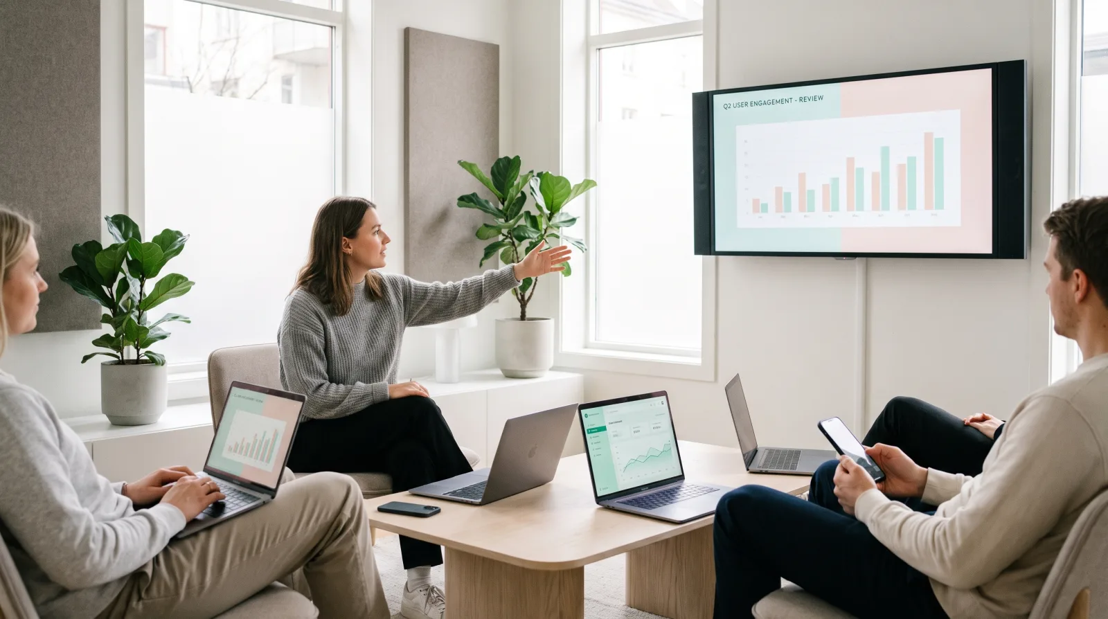 Slack clicker software running on a phone while a speaker presents to a corporate audience