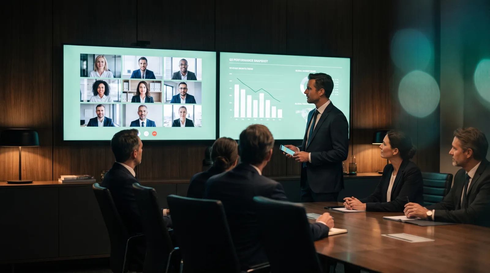 Webex clicker software running on a phone while a speaker presents to a corporate audience