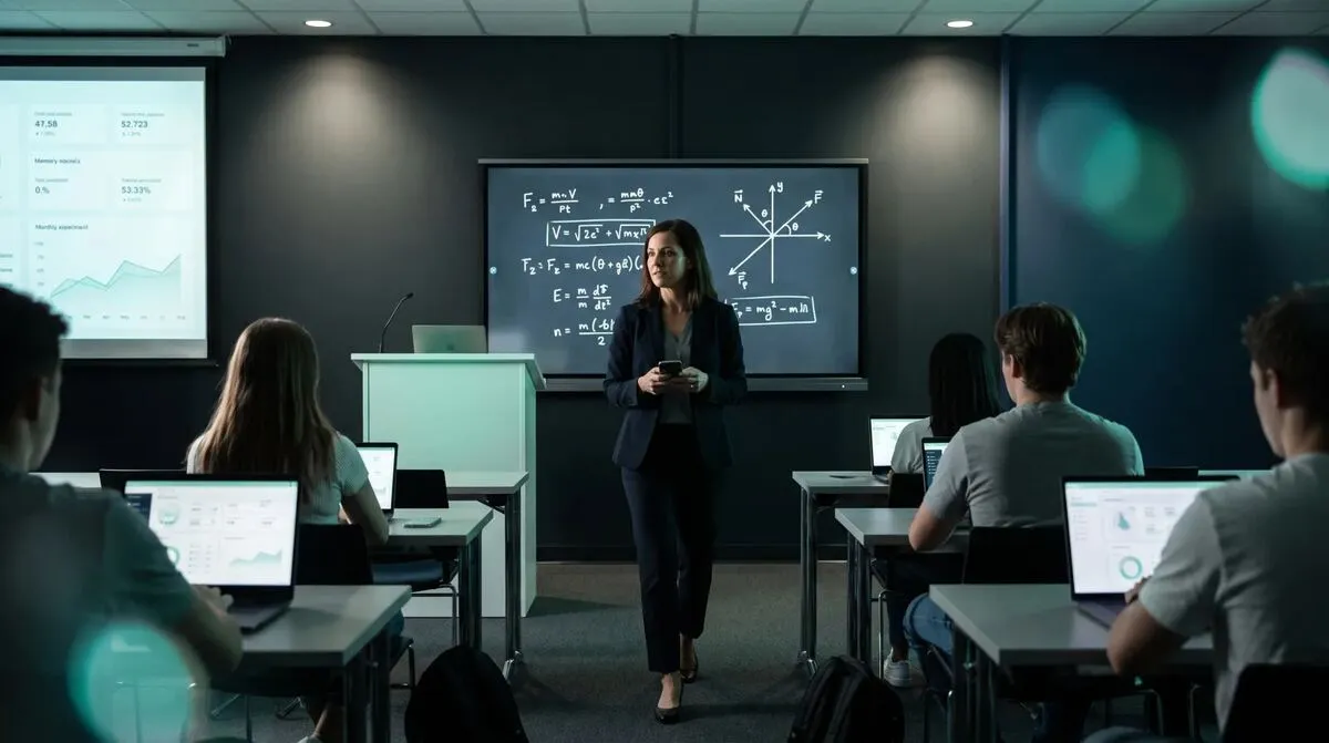 Presenter glancing at a phone while a browser window on a large screen behind them shows a softly blurred slide, small audience in soft focus