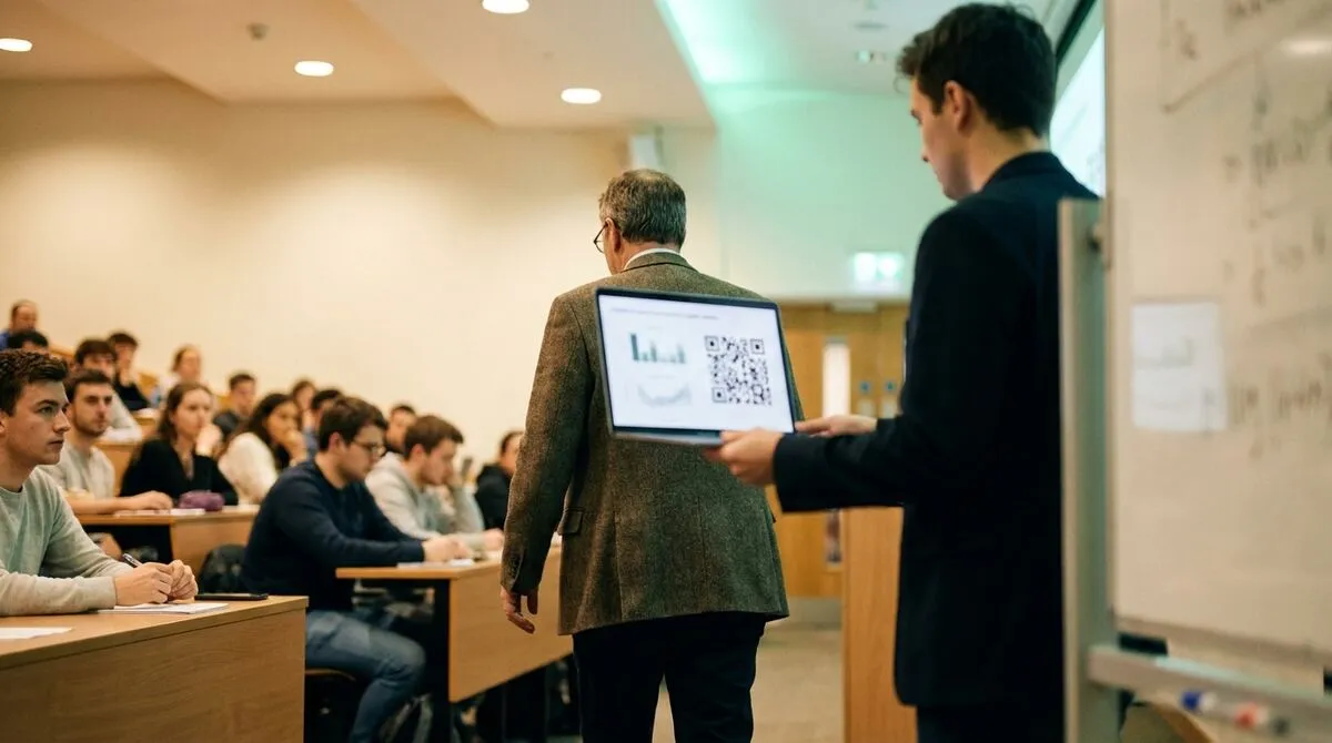 Teaching assistant handing a laptop-connected room link to a lecturer walking between rows of students