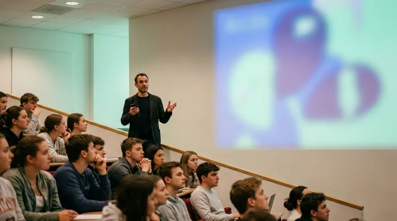 Lecturer walking among students in a lecture hall while advancing slides from a phone