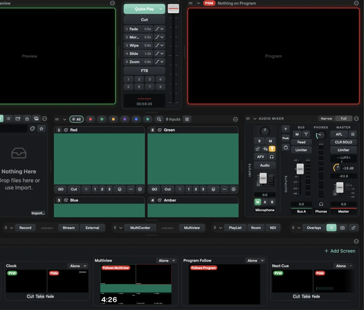 The Screens strip under the Studio panels on a Mac: screen cards with small Preview and Program pictures and Cut, Take and Fade keys