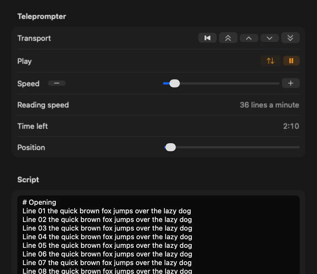 The Teleprompter inspector on Mac showing transport keys, a speed slider, 36 lines a minute as the reading speed and 2:10 as the time left