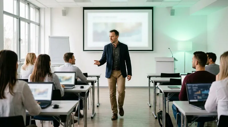 Corporate trainer walking between tables of seated employees during a workshop session
