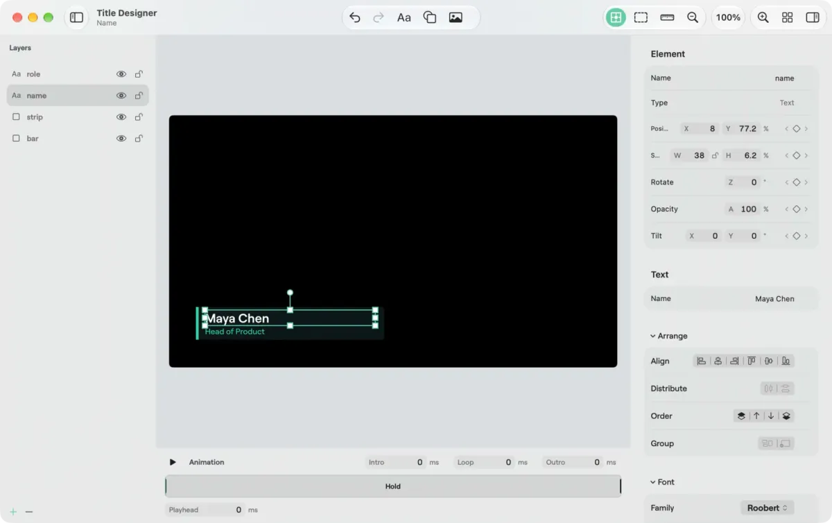 The Title Designer on a Mac with the layer list on the left, a canvas, an animation strip and the inspector on the right