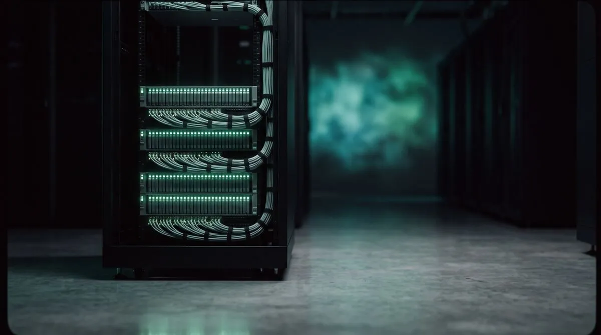 A dedicated server rack glowing mint in a dark data hall