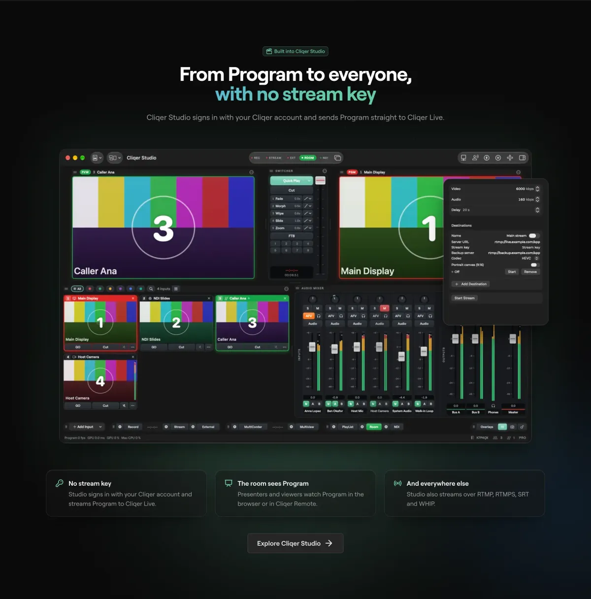 From Program to everyone with no stream key: Cliqer Studio streaming to Cliqer Live