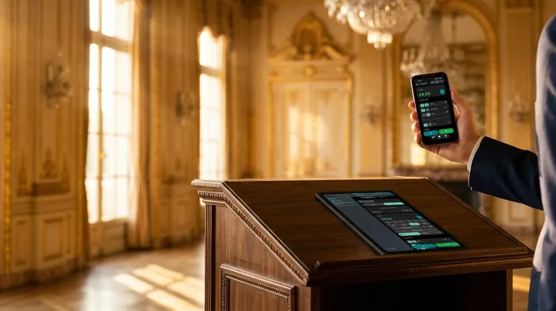 A speaker in a ballroom at golden hour holding an iPhone running Cliqer Remote, an iPad running it on the lectern below