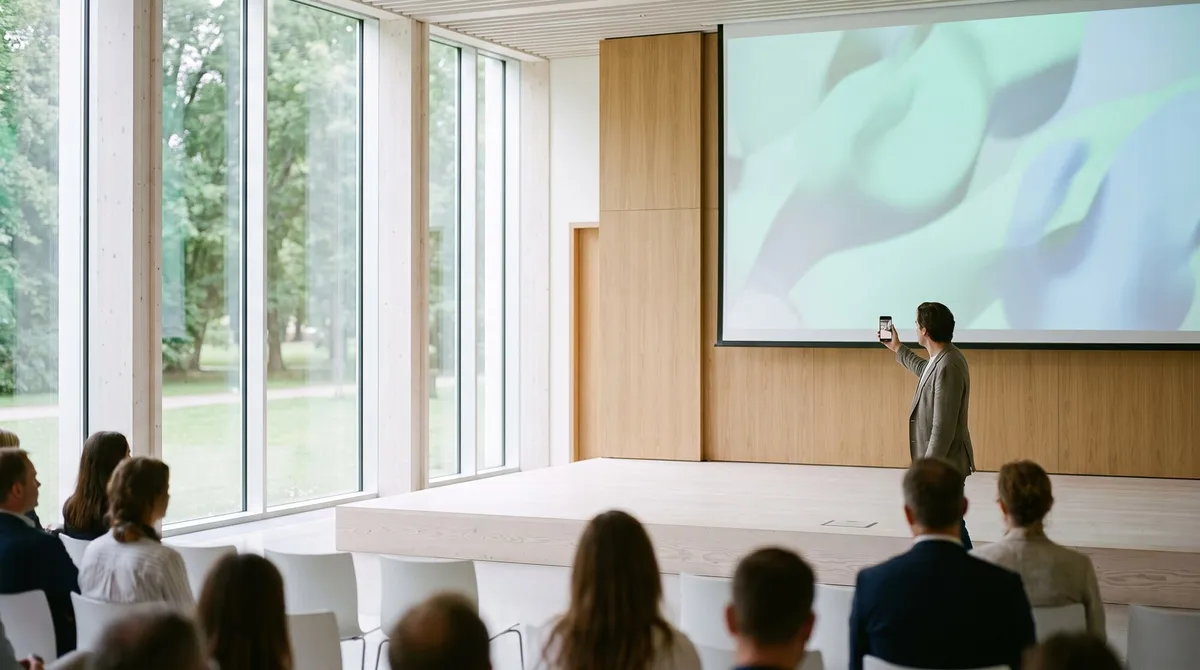 A presenter on a bright stage advances the slides with a phone while the audience watches