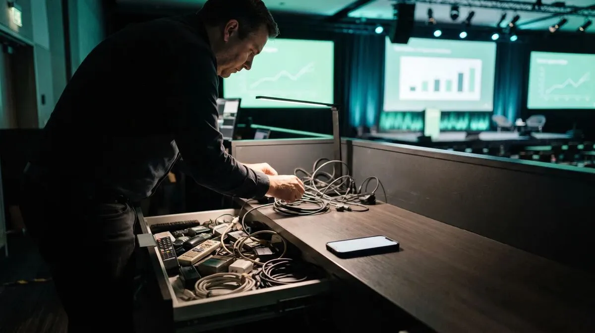 A laptop open on a rigging case at a venue loading dock, a branded room join screen visible on its display
