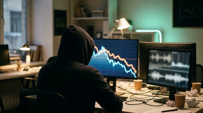 A software engineer reviewing a video latency graph on a monitor in a dimly lit office