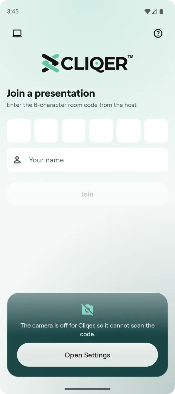 The Android Join screen in light mode with the Cliqer logo, six room code boxes, a name field and a glass card saying the camera is off for Cliqer, with an Open Settings button