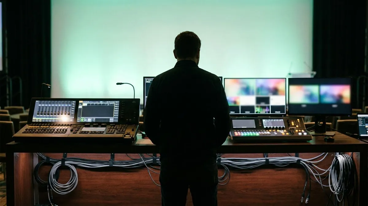 An AV technician at a production desk with monitors, a Stream Deck and a laptop running the show
