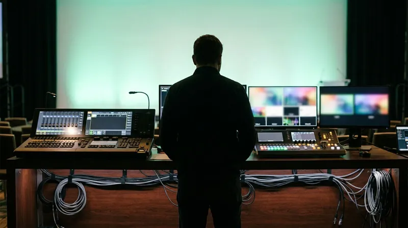 An AV technician at a production desk with monitors, a Stream Deck and a laptop running the show