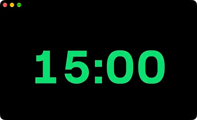 The Timer Display window on a Mac showing 15:00 in large green digits on a black background