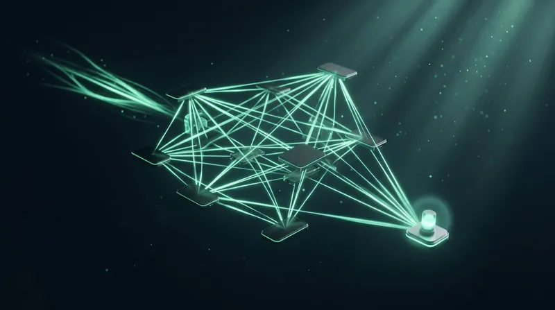 A padlock icon overlaid on an abstract diagram of two connected devices representing an encrypted peer-to-peer link