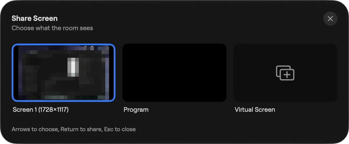 The Share Screen panel on a Mac with tiles for Screen 1, Program and Virtual Screen to choose what the room sees